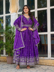 Luxurious soft purple silk suit featuring intricate sequins and thread work design