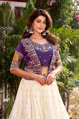 Woman in a purple and white traditional outfit with floral background