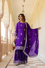 Silver embroidered purple Chinon silk sharara suit – Kalyanja.