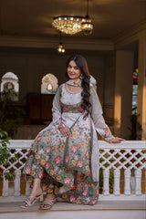 Matching floral dupatta enhances the elegance with coordinated prints and decorative tassels.