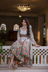Matching floral dupatta enhances the elegance with coordinated prints and decorative tassels.