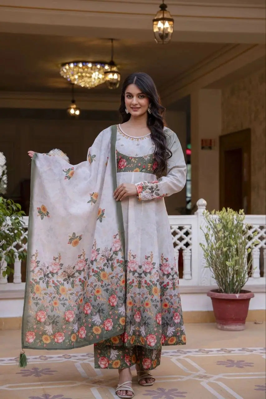 Trendy floral ethnic outfit combining classic Indian fashion with contemporary elegance.