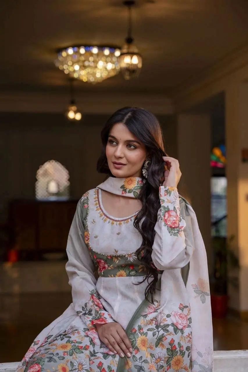 Floral printed Anarkali palazzo suit offering graceful movement, timeless beauty, and modern ethnic charm.