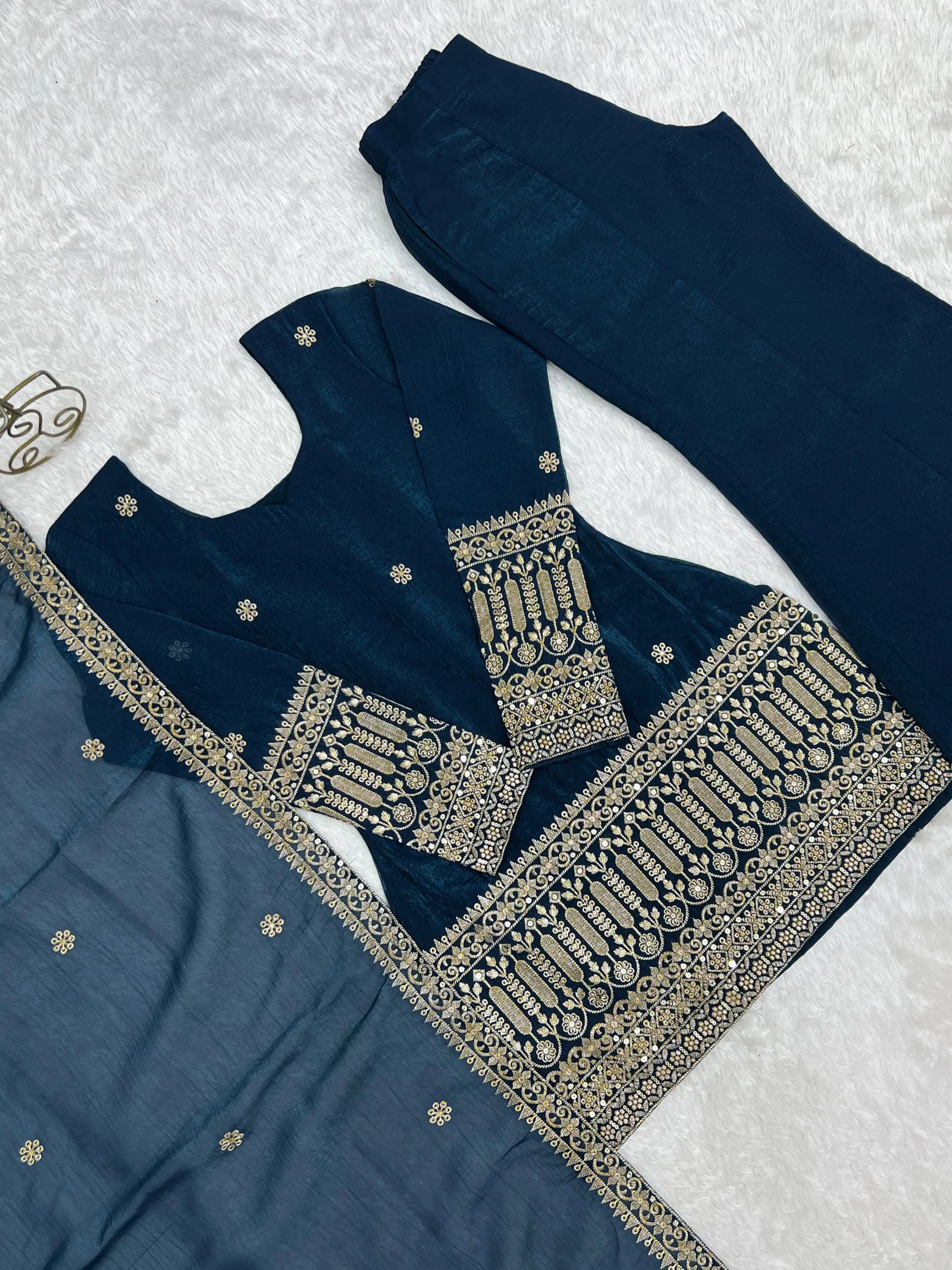 Sequins and Zari Embroidery Border Detail on Teal Blue Suit
