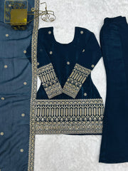 Teal Blue Sequins Embroidered Suit Set Flat Lay – Suit Bell Bottom and Dupatta