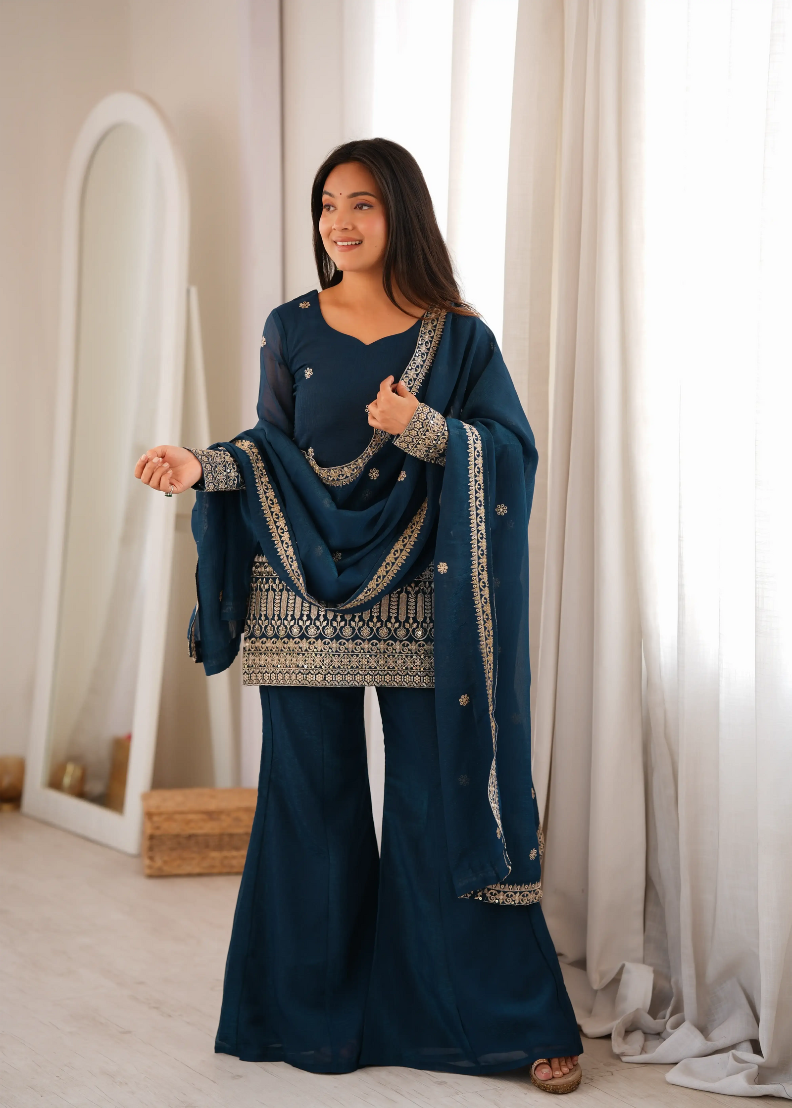 Teal Blue Suit with Bell Bottom Pant and Dupatta – Full Length Front View