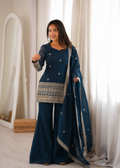 Teal Blue Sequins Embroidered Bell Bottom Suit – Full Set Front View