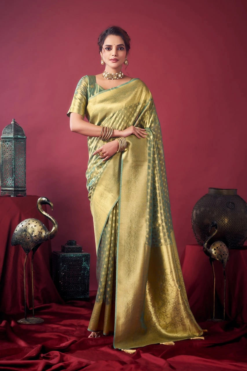 Woman in a gold saree with green blouse against a red background