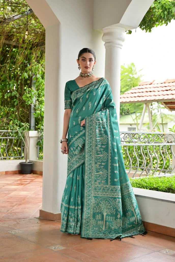 Woman in a teal saree standing on a porch with greenery in the background