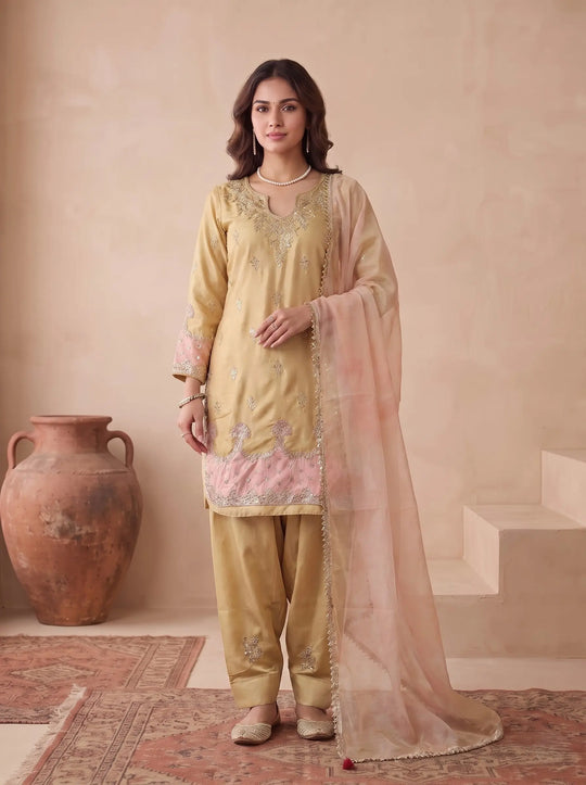Beige Japan Satin Silk Suit Kalyanja Fashion