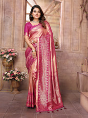 The pure silk fabric showcases intricate zari work that catches light beautifully, while the hand-woven Banarasi border adds authentic heritage appeal.
