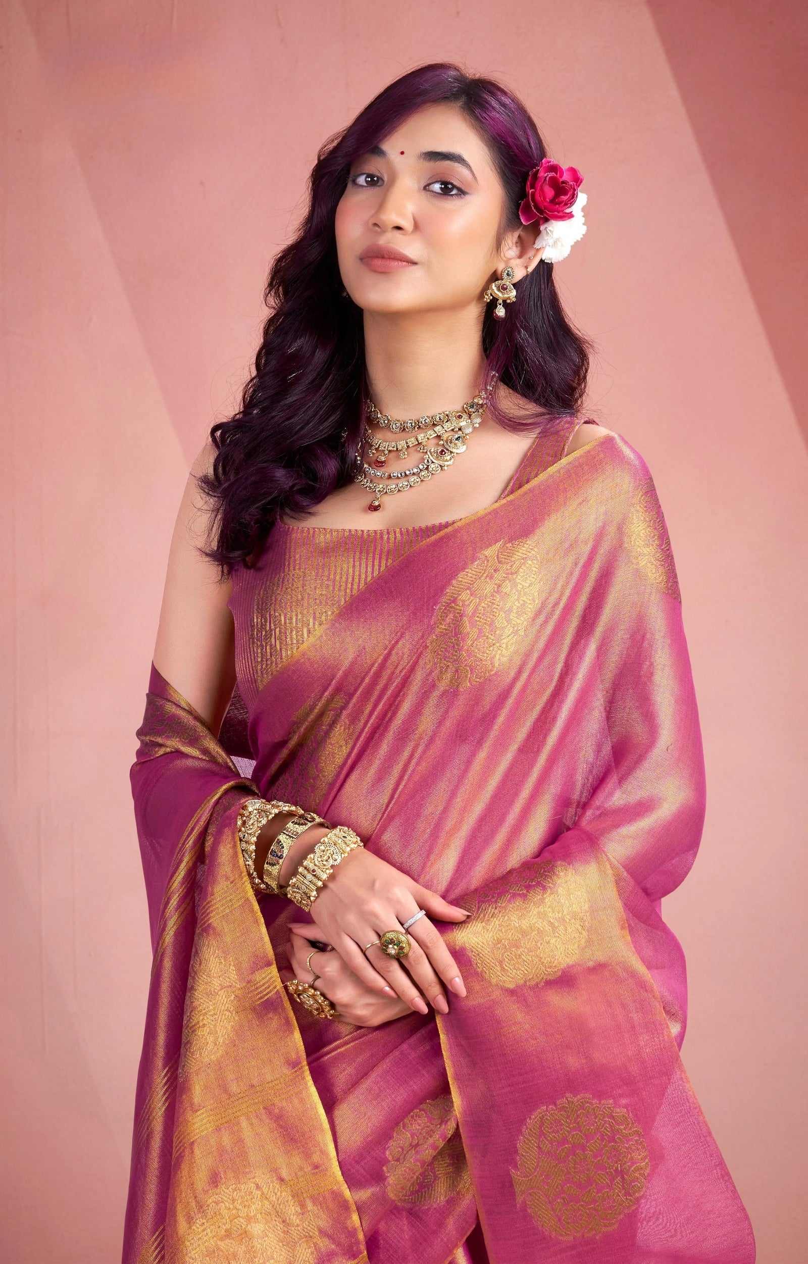 pink tissue fancy weaving silk saree
