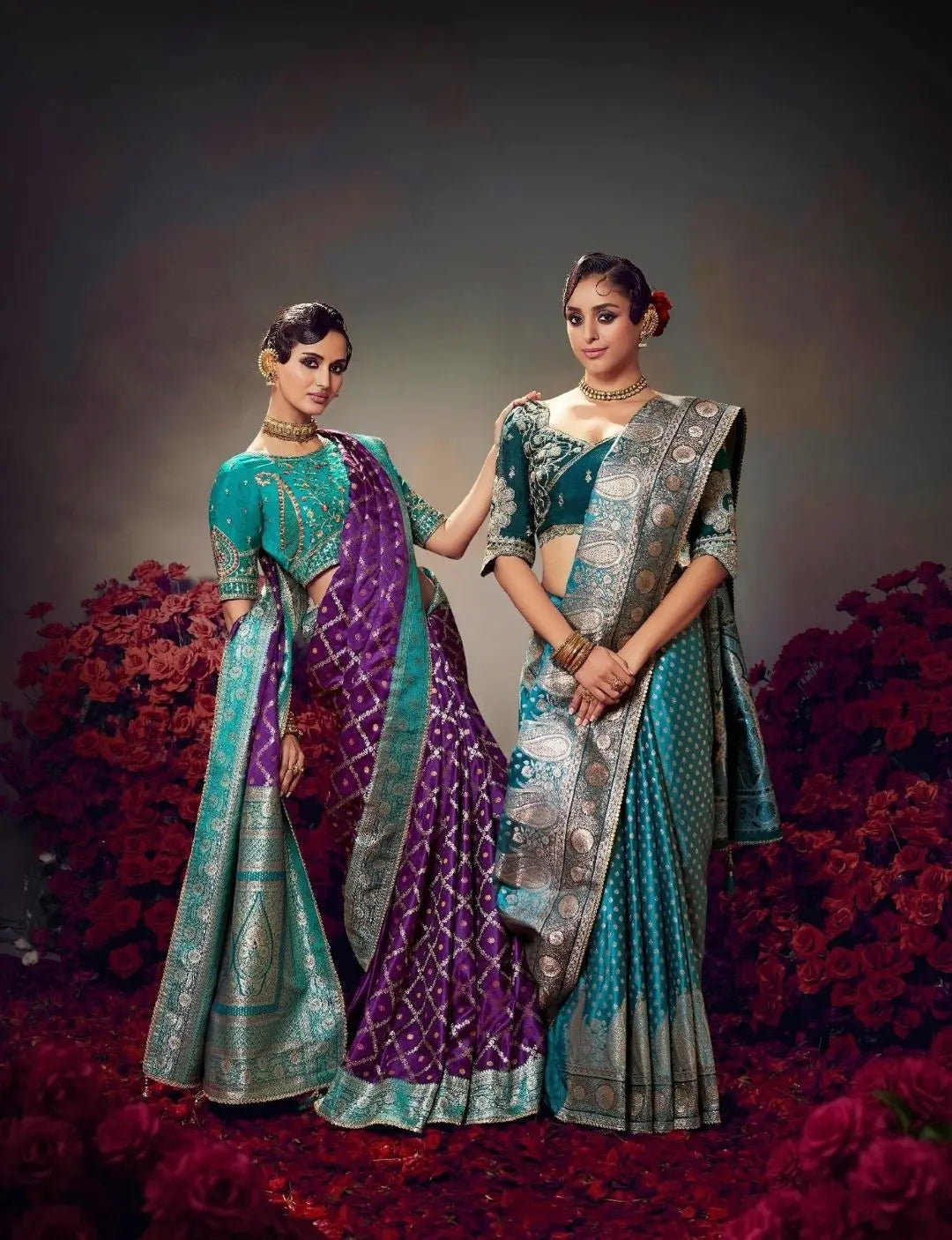 Purple Embroidery Work Satin Silk Saree