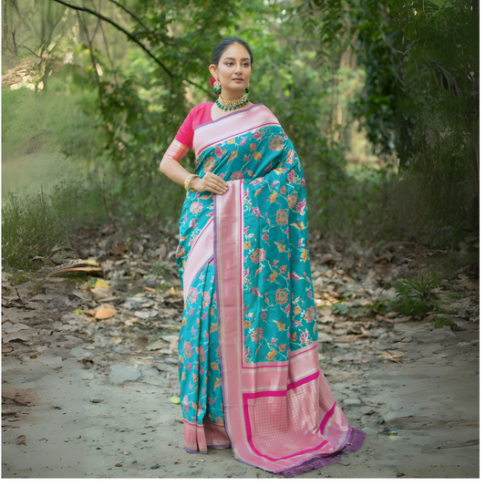 Rama Blue Soft Banarasi Silk Zari Weaving Saree