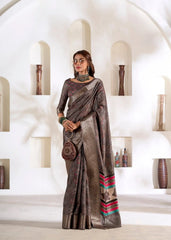 Brown Foli Print Soft Dola Silk Saree