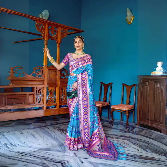 Sky Blue & Dark Pink Zari Weaving Soft Banarasi Silk Saree
