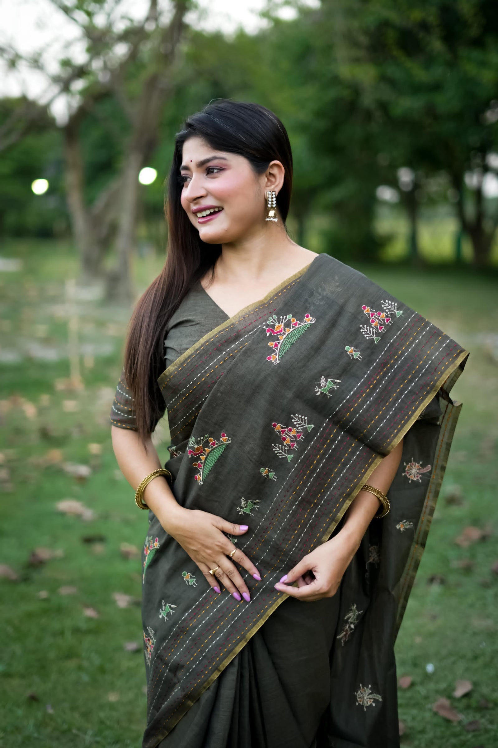 Black Thread Work Khadi Tusar Silk Saree