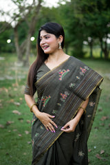 Black Thread Work Khadi Tusar Silk Saree