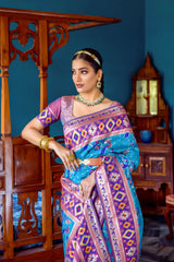 Sky Blue & Dark Pink Zari Weaving Soft Banarasi Silk Saree