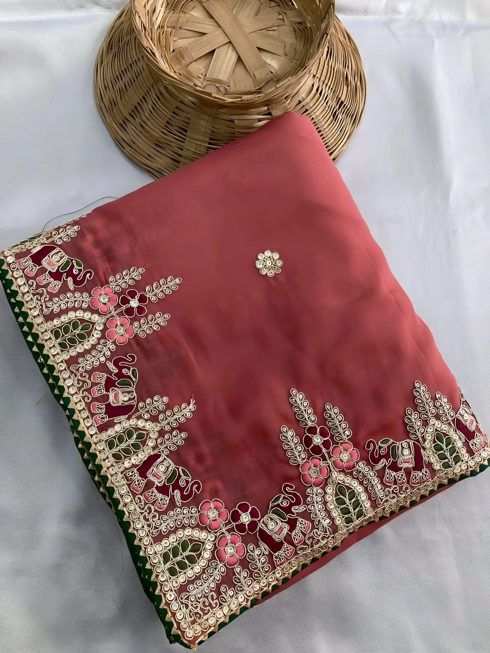 Pink Embroidery With Piping Border Work Star Georgette