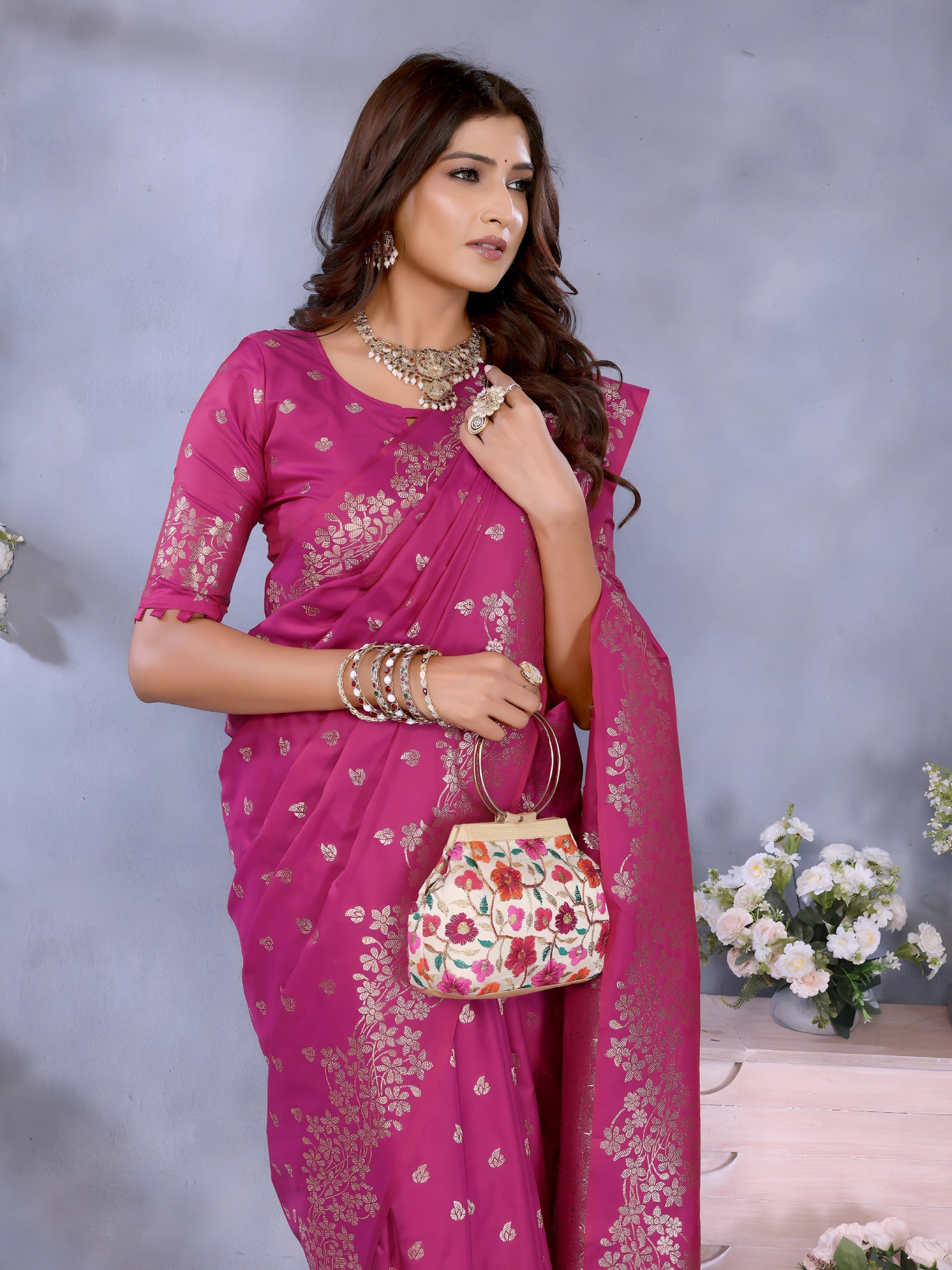 Dark Pink Gala Weaving Banarasi Silk Saree