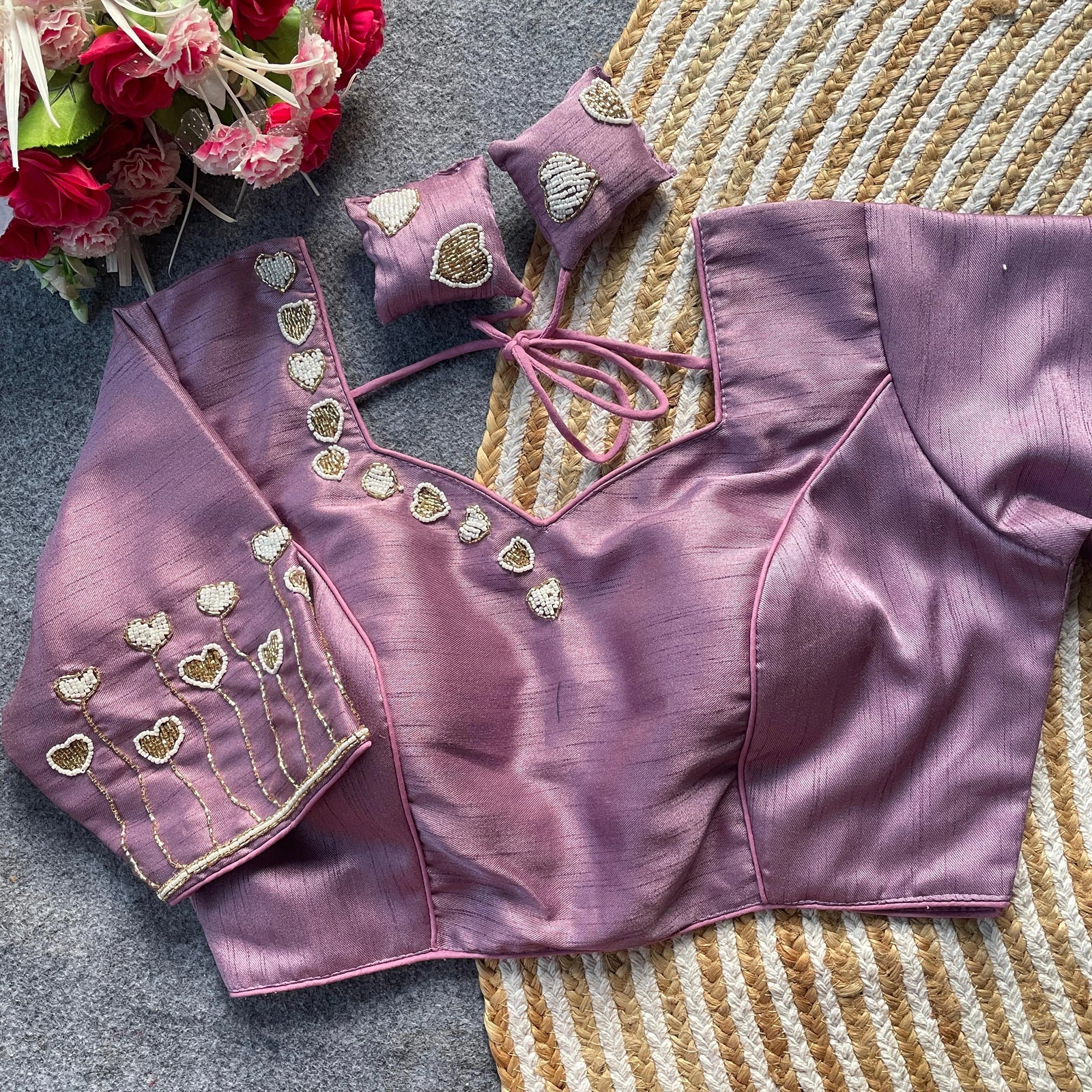 lavender handwork embroidered pure silk blouse