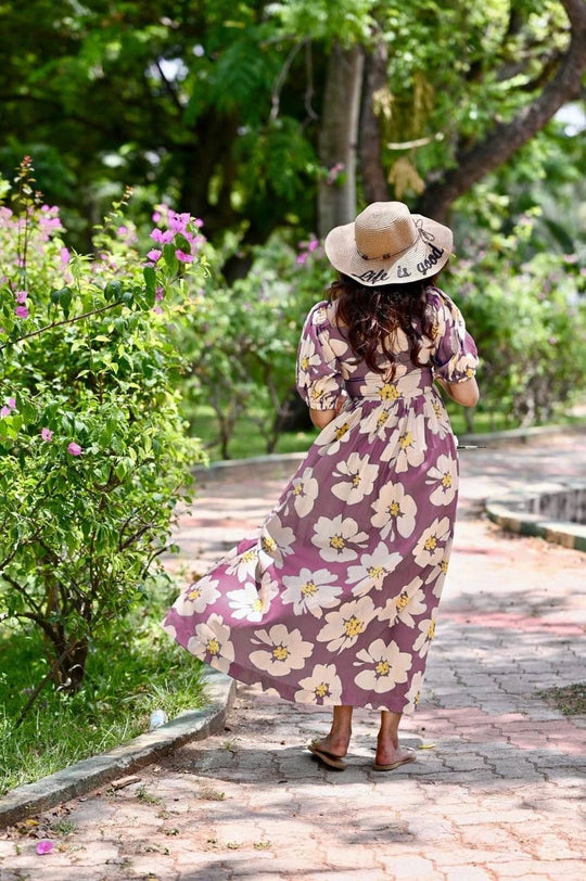 lavender pink digital printed rayon gown