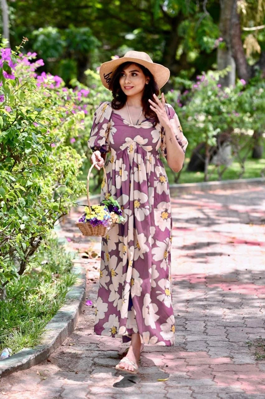 Lavender Pink Digital Printed Rayon Gown