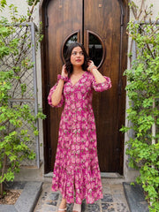 dark pink rayon digital printed gown