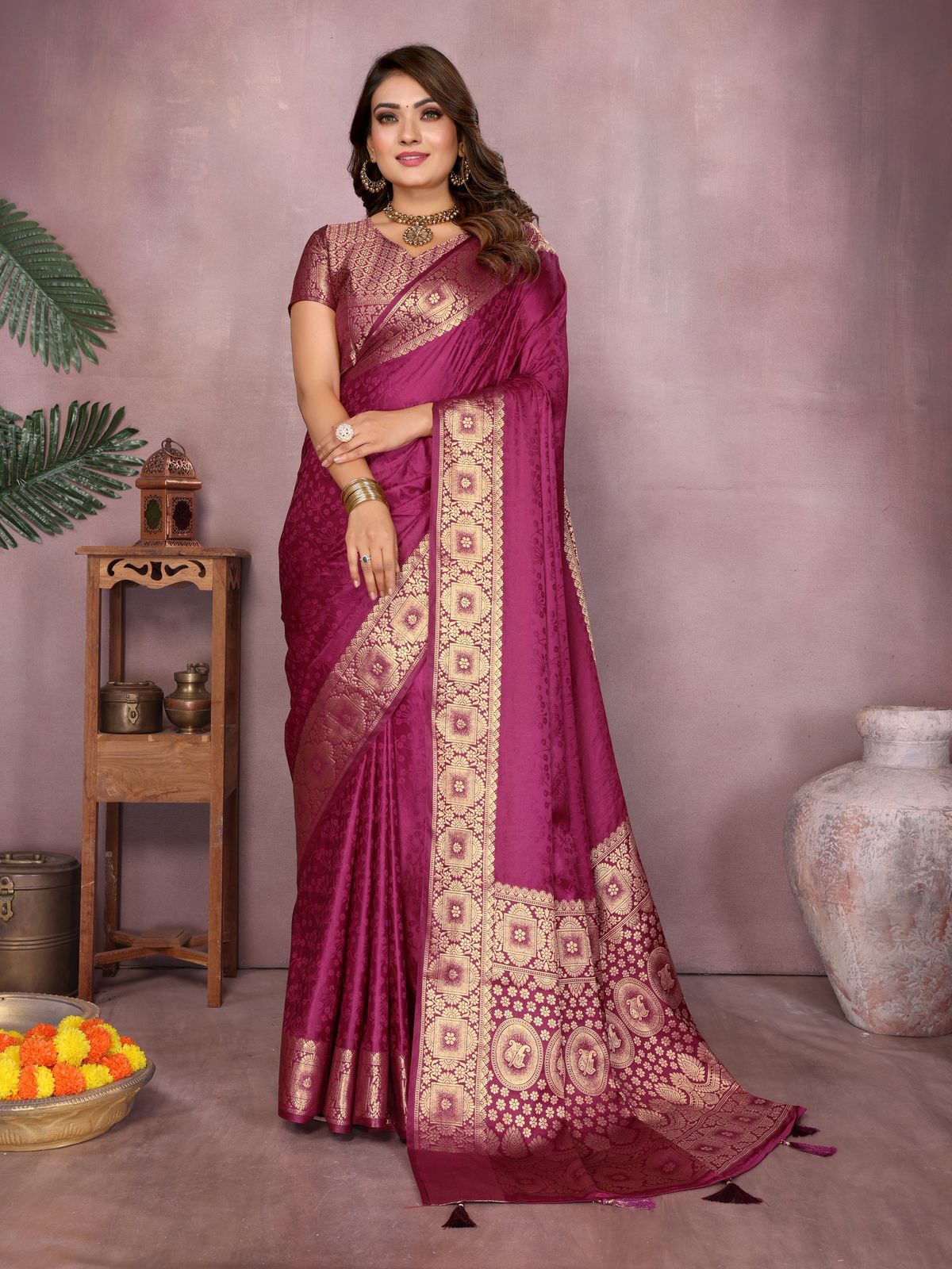 Wine Satin Silk Saree
