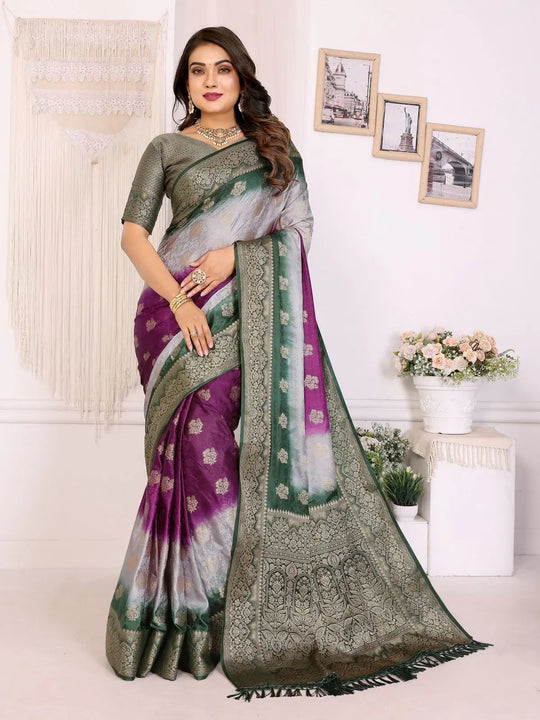 purple and green woven art silk saree