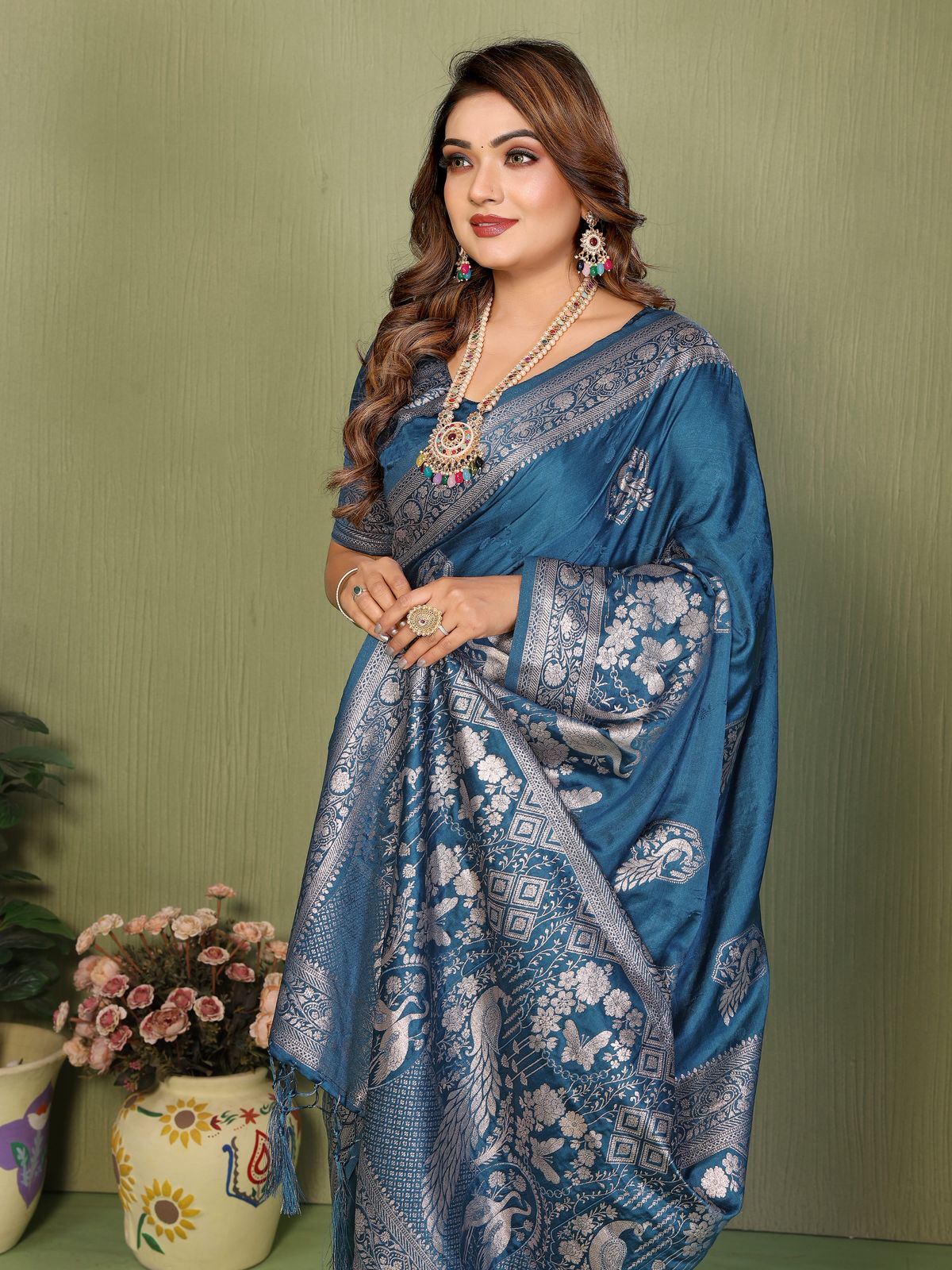 Woman wearing a blue saree with intricate patterns against a green background