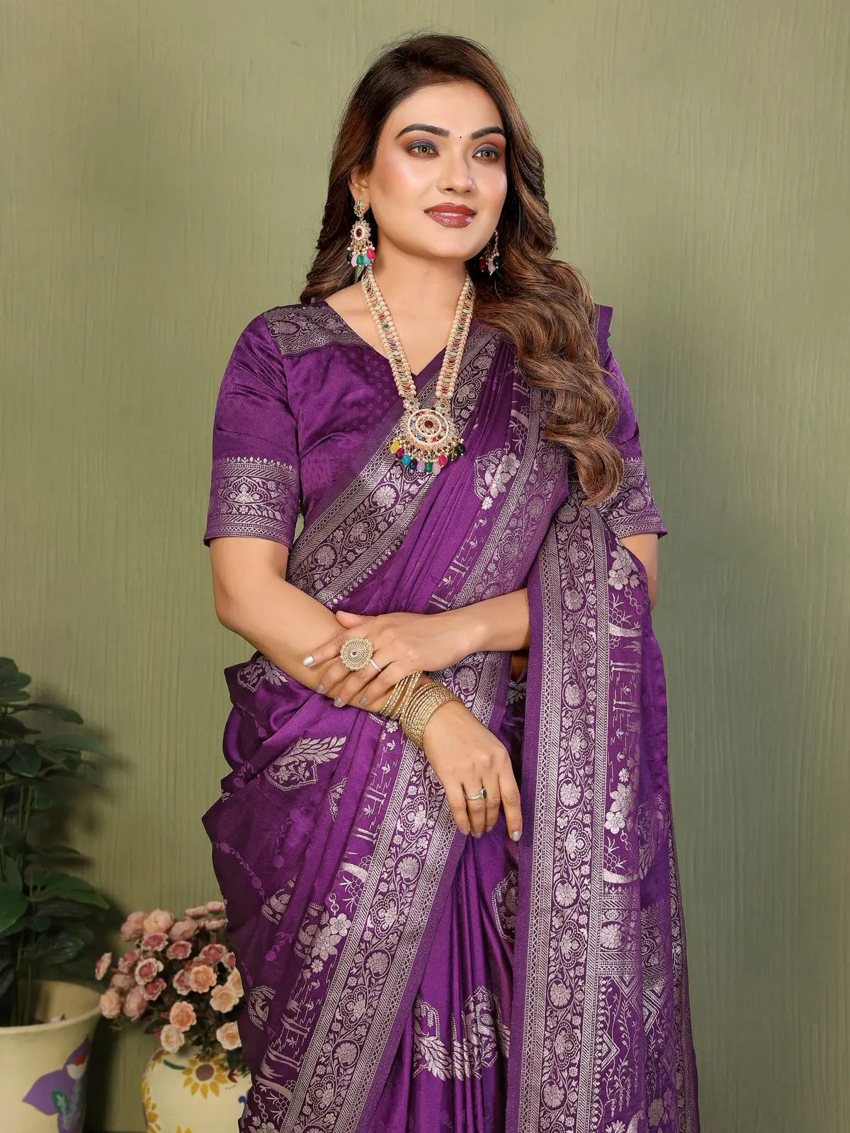 Dark Purple Satin Silk Saree Kalyanja Fashion