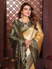 Dark Green, Beige Banarasi Tissue Silk Saree