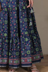 Navy blue floral patterned dress with a neutral background