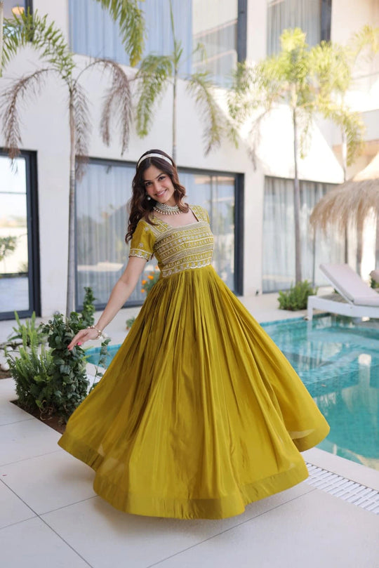 Olive Green Heavy Organza Dress Kalyanja Fashion