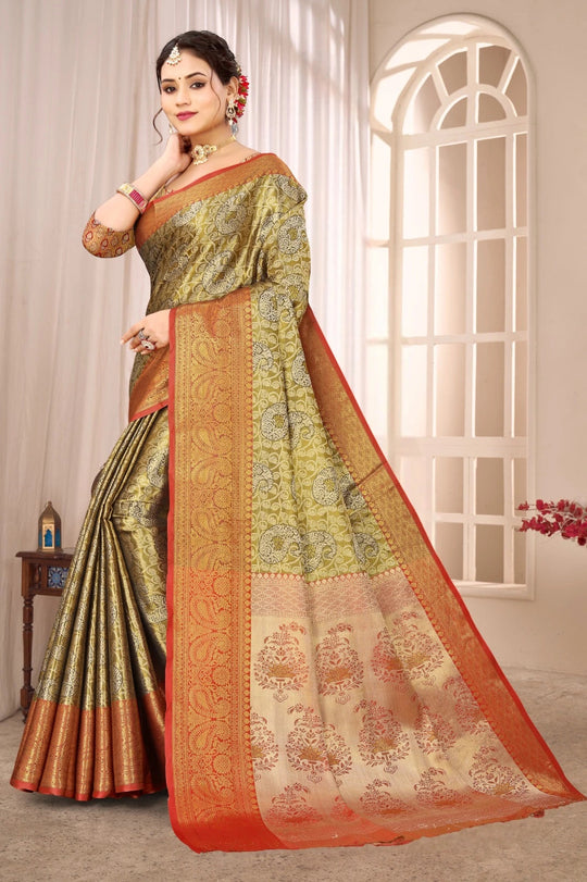Golden Beige Soft Banarasi Silk Saree Kalyanja Fashion