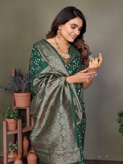 Woman in a green and gray patterned saree holding jewelry against a neutral background