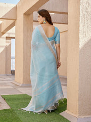 Woman in a light blue saree standing in front of architectural columns.