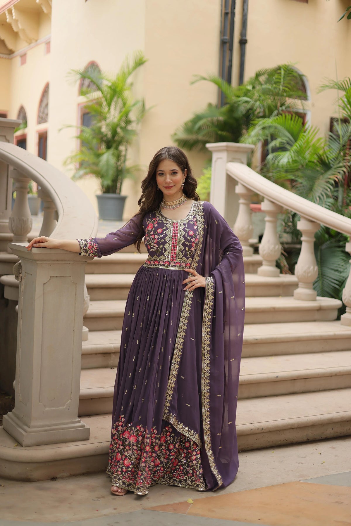 Plum Color Faux Georgette Heavy Work Fully Stitched Sharara Set