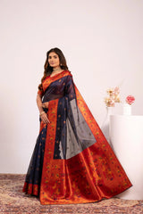 Woman wearing a traditional saree with a white background