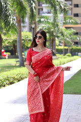 Red Traditional Weaving Banglori Raw Silk Saree