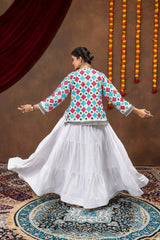 Back twirling view of white 6-meter tiered pure rayon lehenga with multicolor bandhej jacket