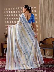 White Stripe Saree – back view showing full striped pallu spread and blouse back