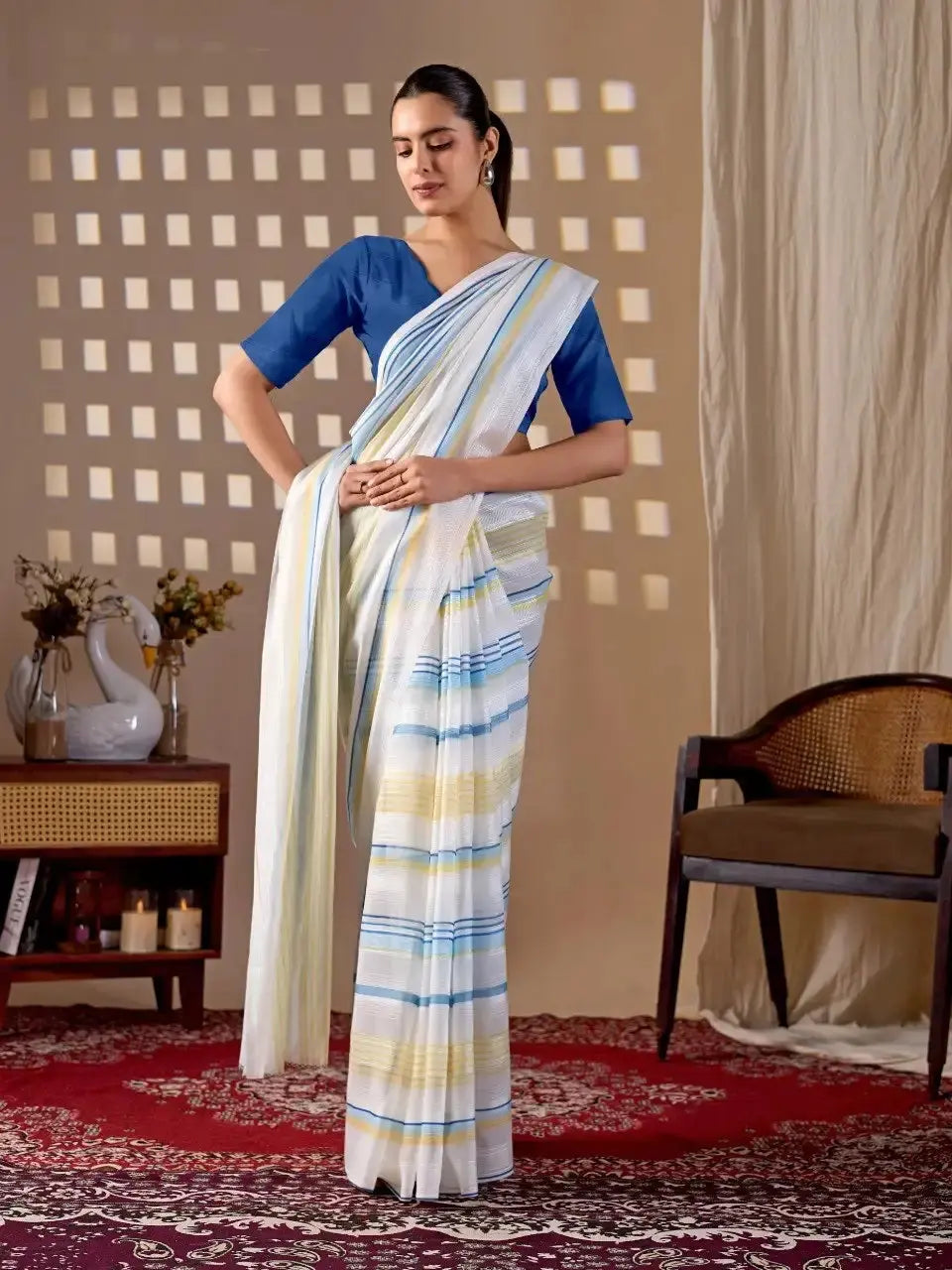 White Stripe Digital Print Saree – elegant front draping pose with Royal Blue blouse