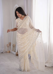 Elegant White Fendy Silk Saree Featuring Beaded Design, C Pallu & Thread Work