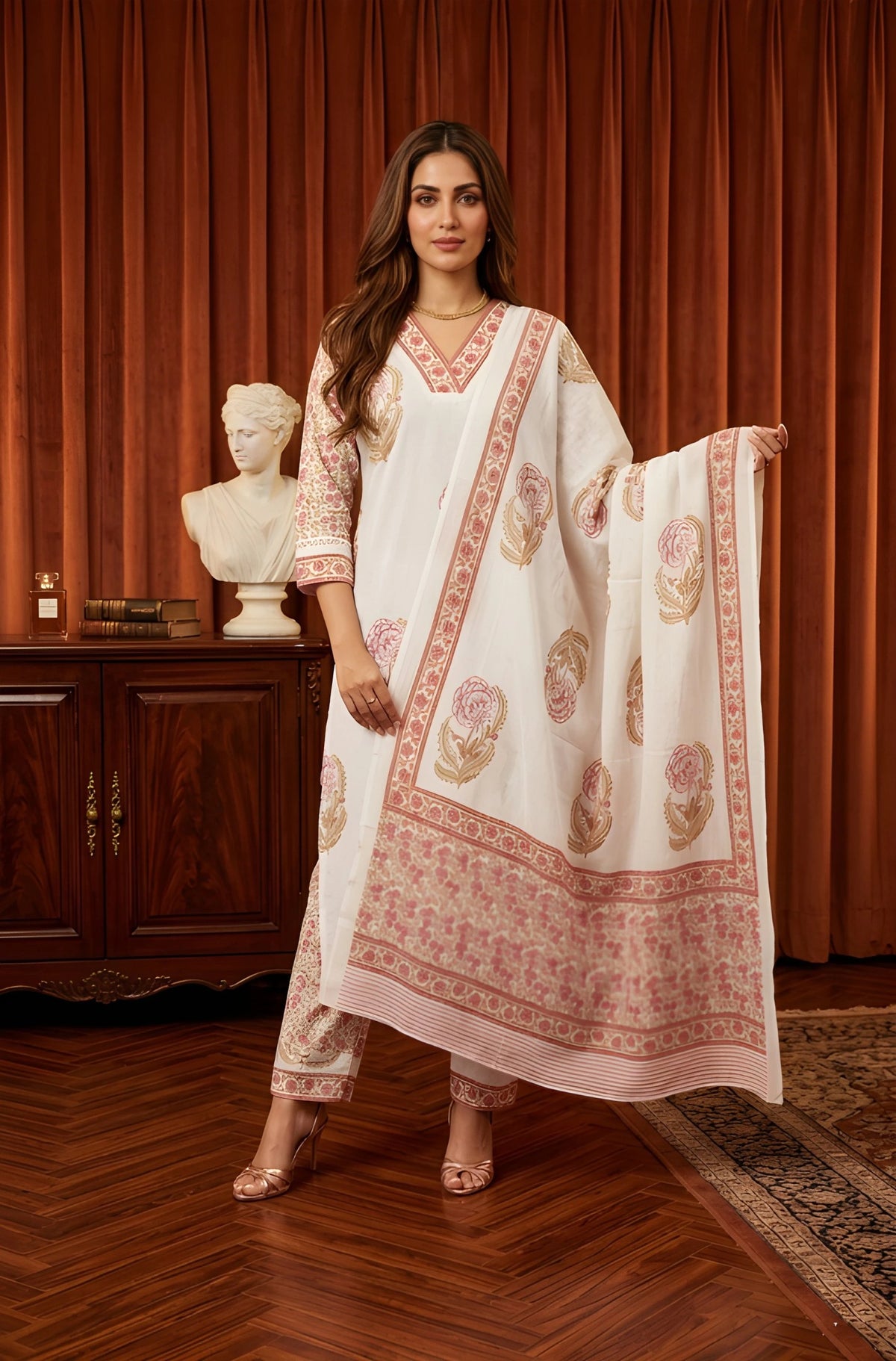 Woman in a white and pink traditional outfit standing in a room with wooden furniture and a red curtain.