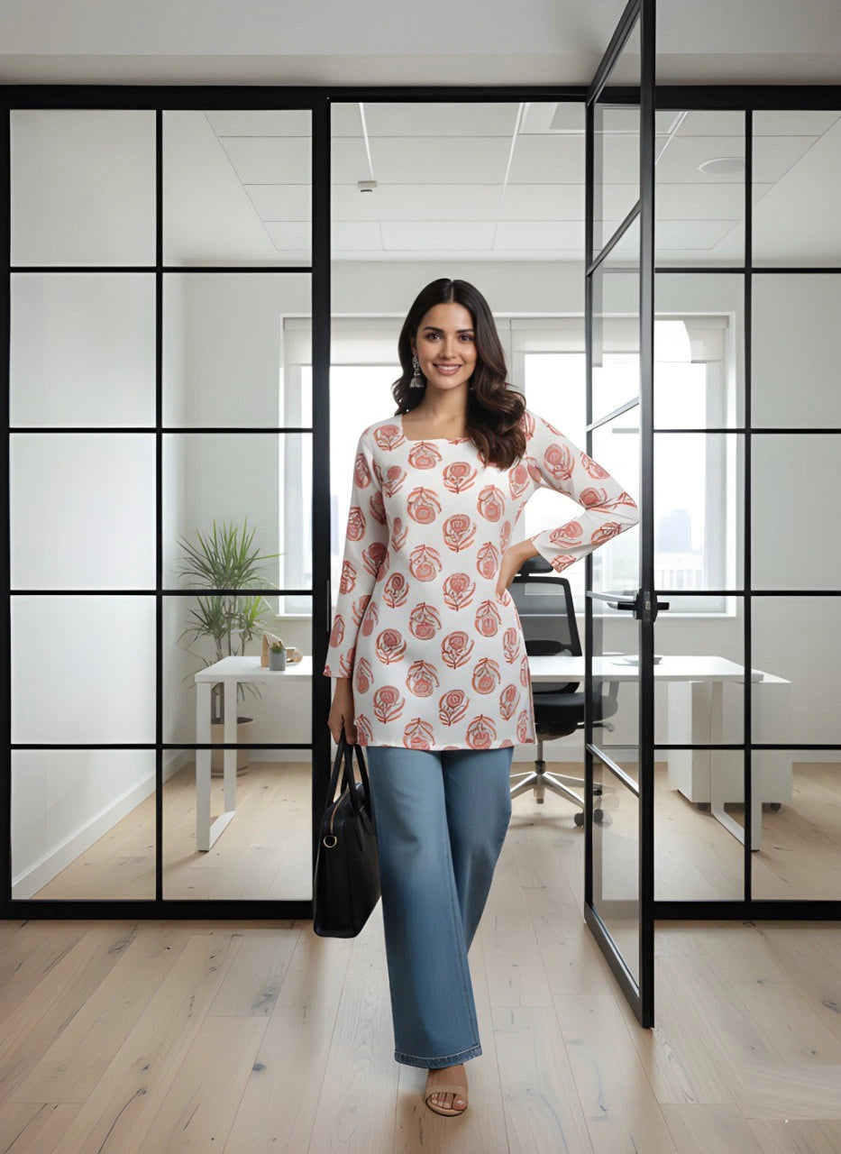 A full-length shot of a woman standing in an office doorway. She is carrying a black leather handbag and wearing a printed white tunic with blue trousers and tan heeled sandals.