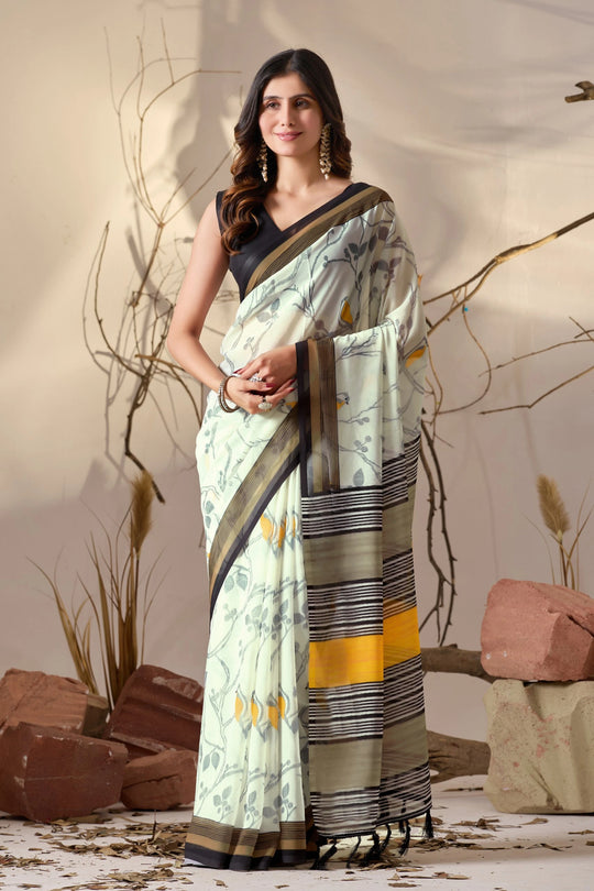 White Digital Print Border Soft Georgette Saree