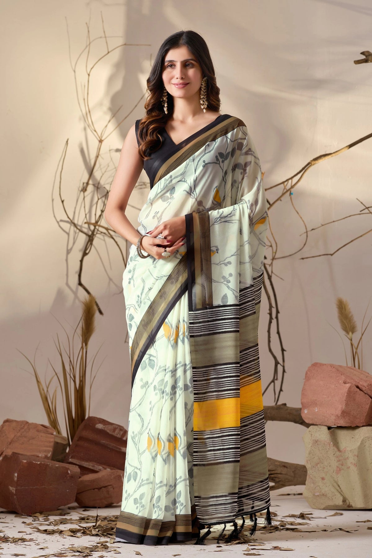 White Digital Print Border Soft Georgette Saree